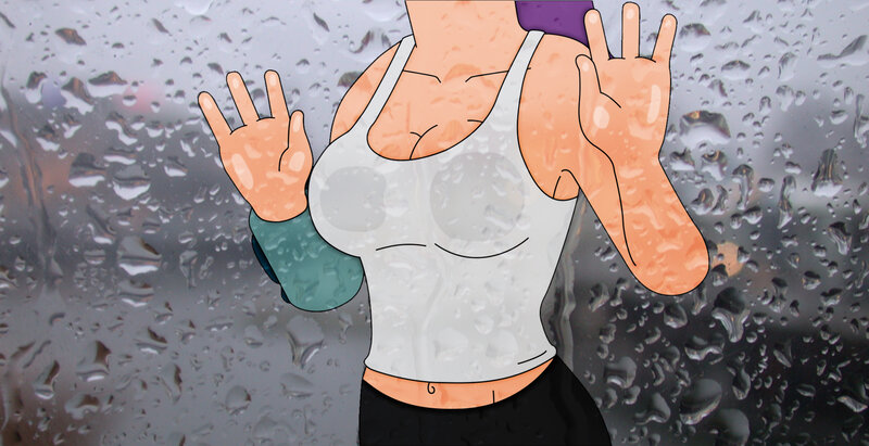 character in rain with hands up