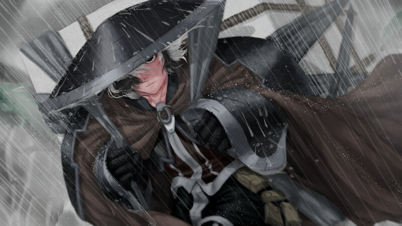 Character in Rain with Umbrella