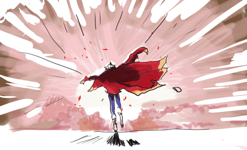 character in red cloak explosion