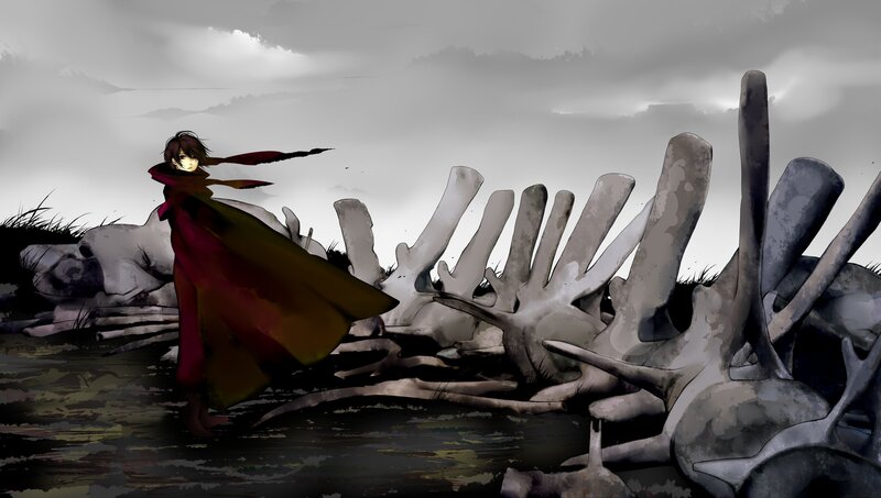 Character in Red Cloak — Gray, Dramatic