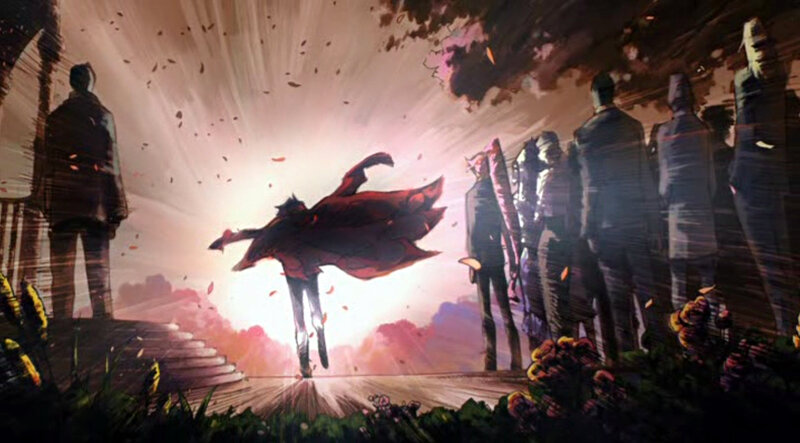Character in red cloak leaps forward