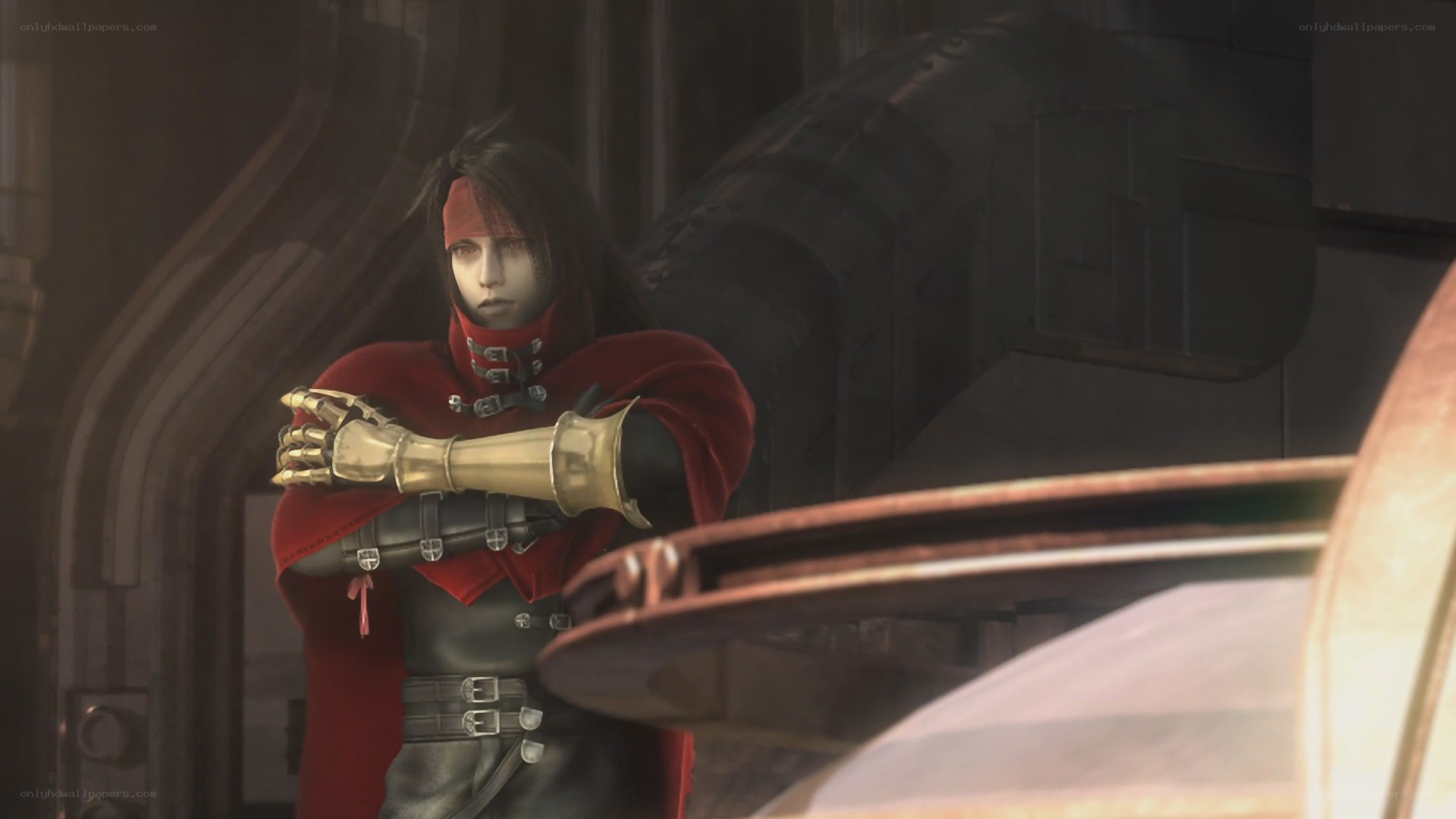 Character in red cloak with golden arm