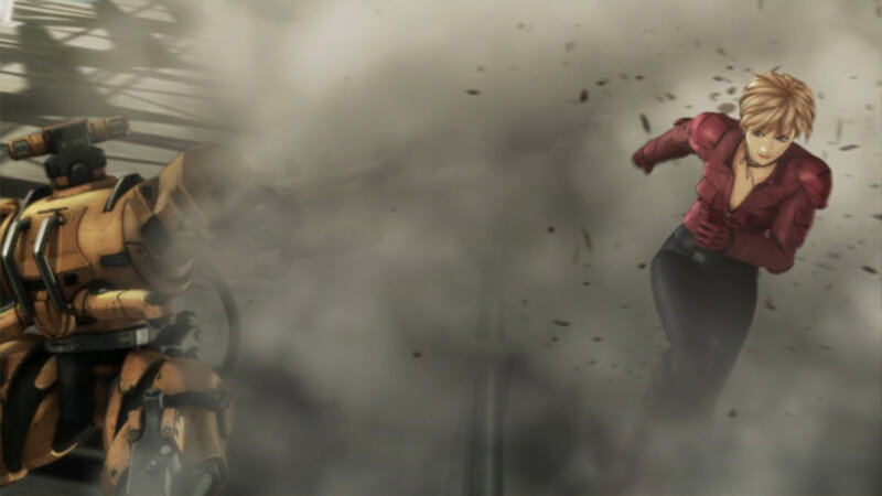 character in red jacket running
