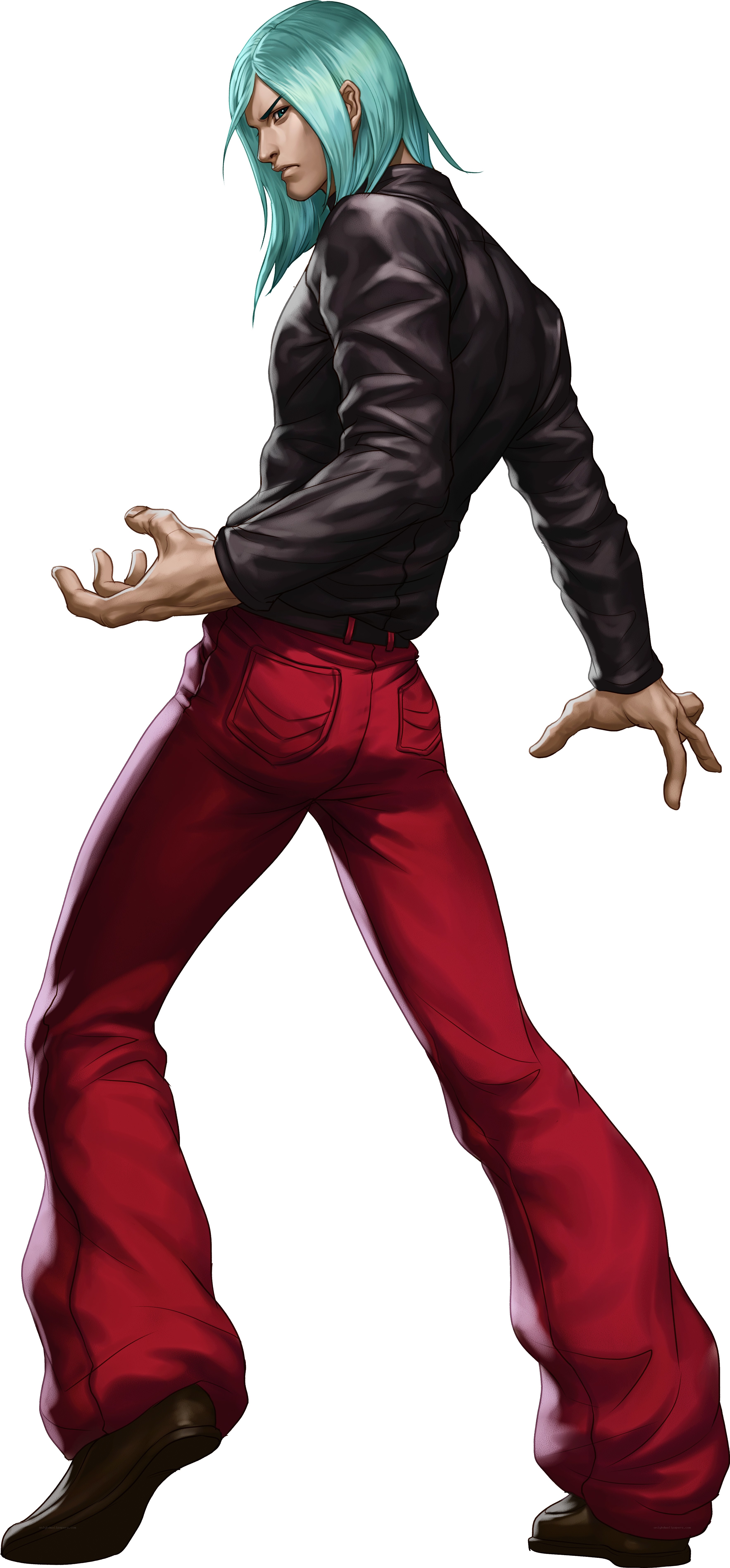 character in red pants and black jacket