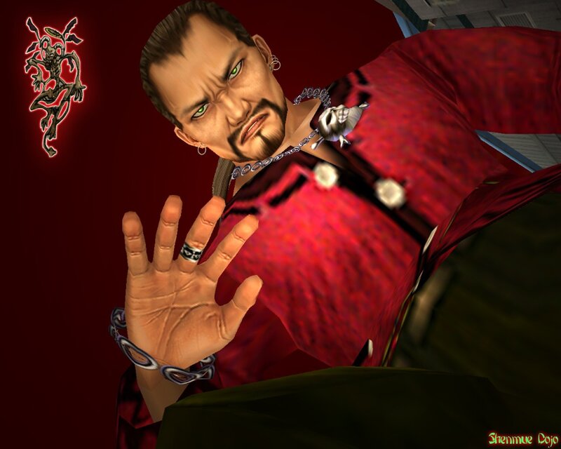 Character in red robe with green eyes