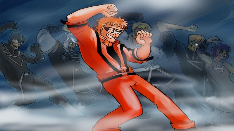 Character in red suit dancing