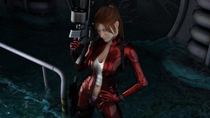 character in red suit holding gun