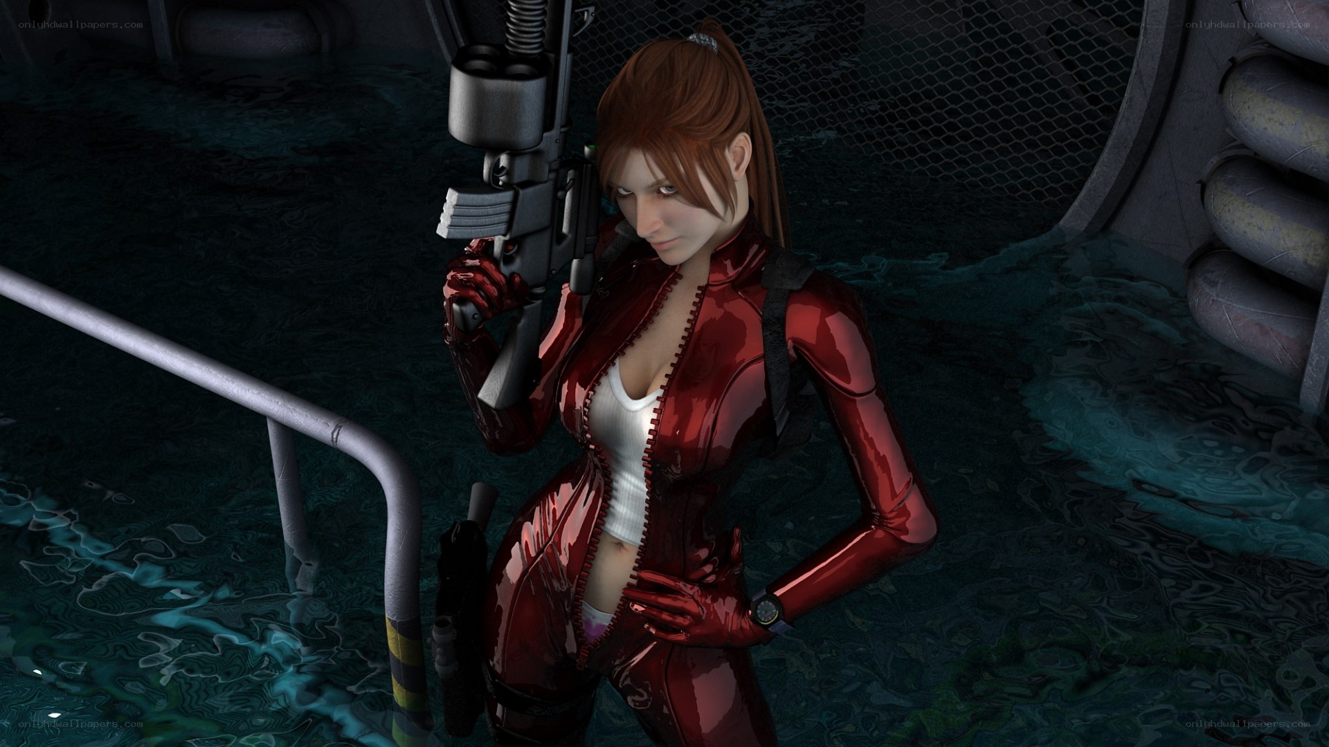 character in red suit holding gun