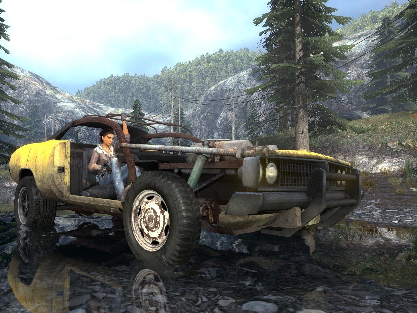 character in rugged vehicle