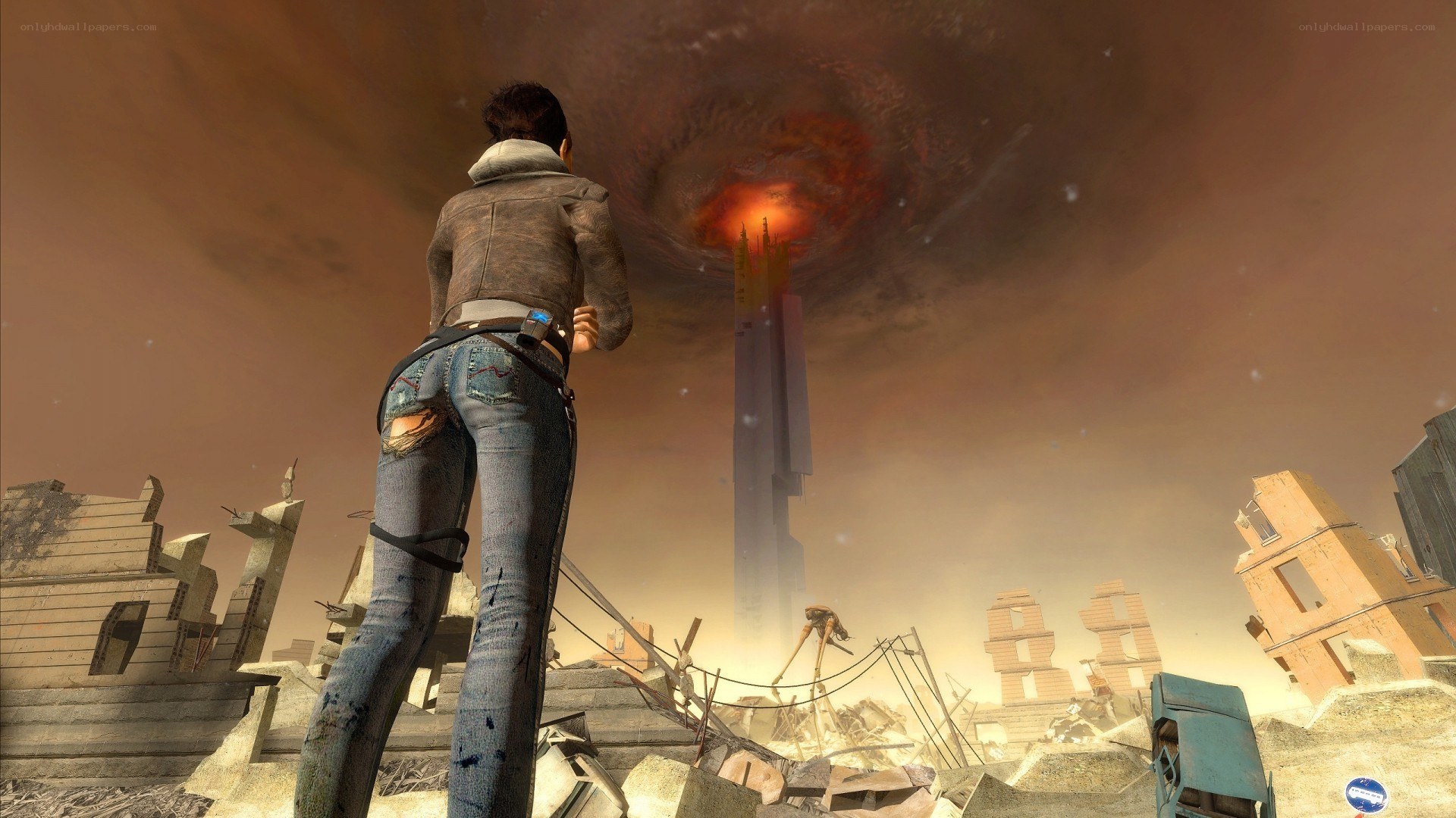 character in ruined city