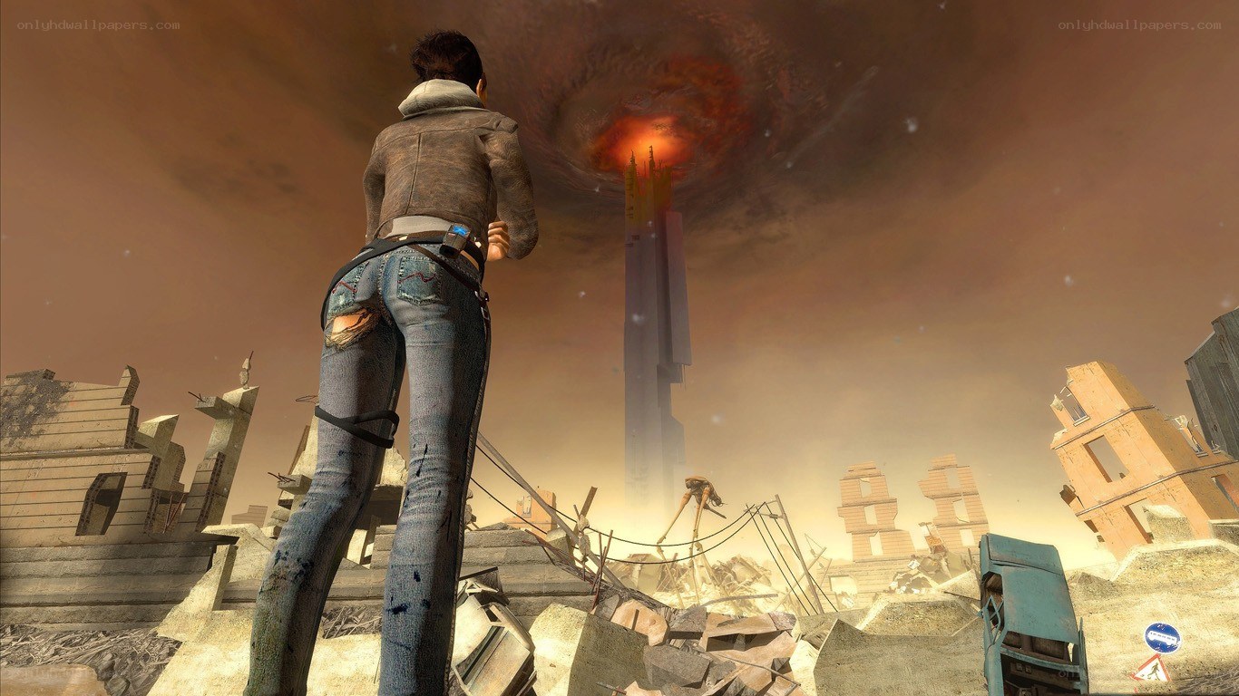 character in ruined city
