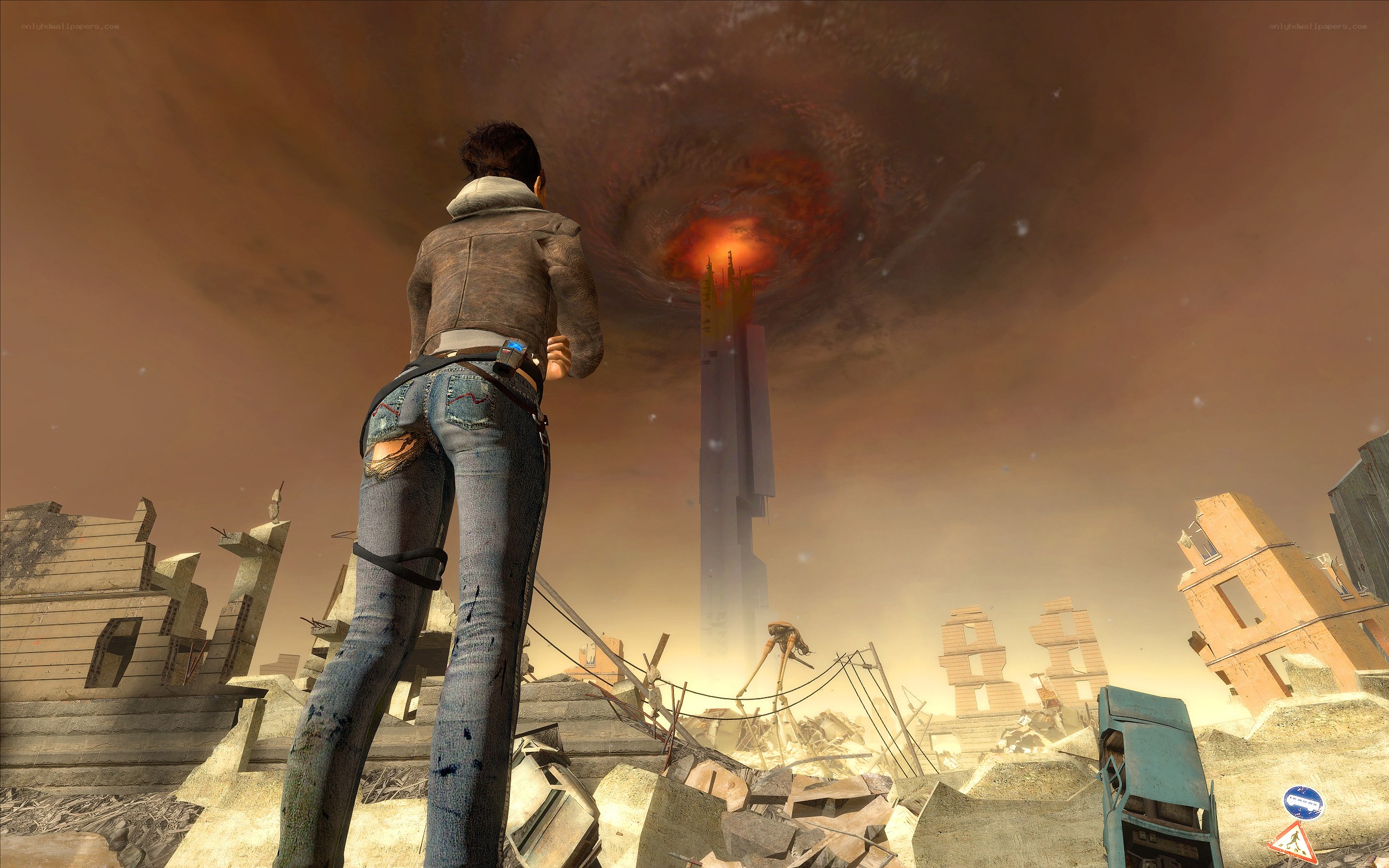 character in ruined city