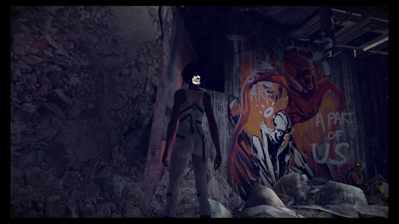 character in ruined corridor