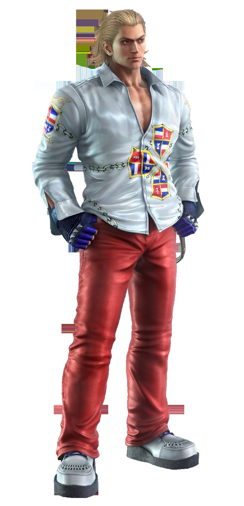 character in silver jacket and red pants