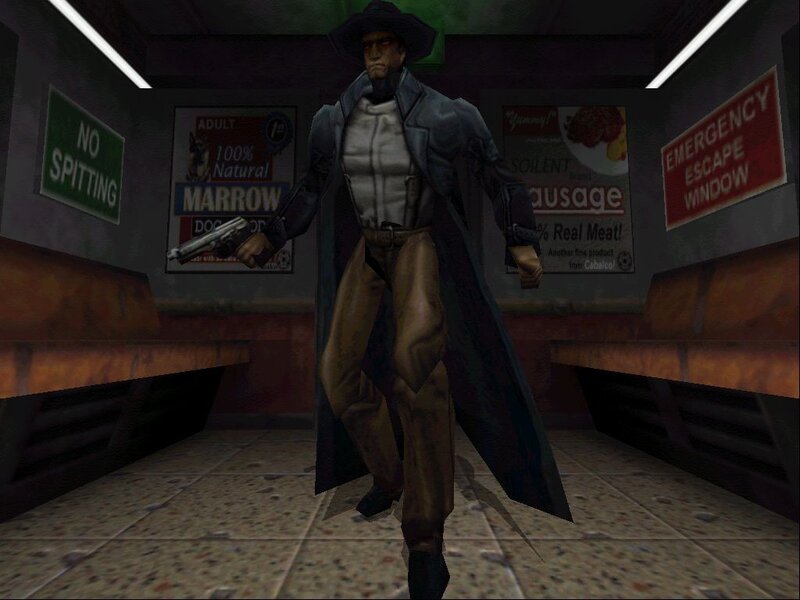 character in trench coat holding gun