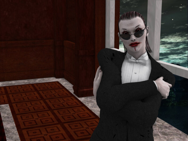 character in tuxedo with blood