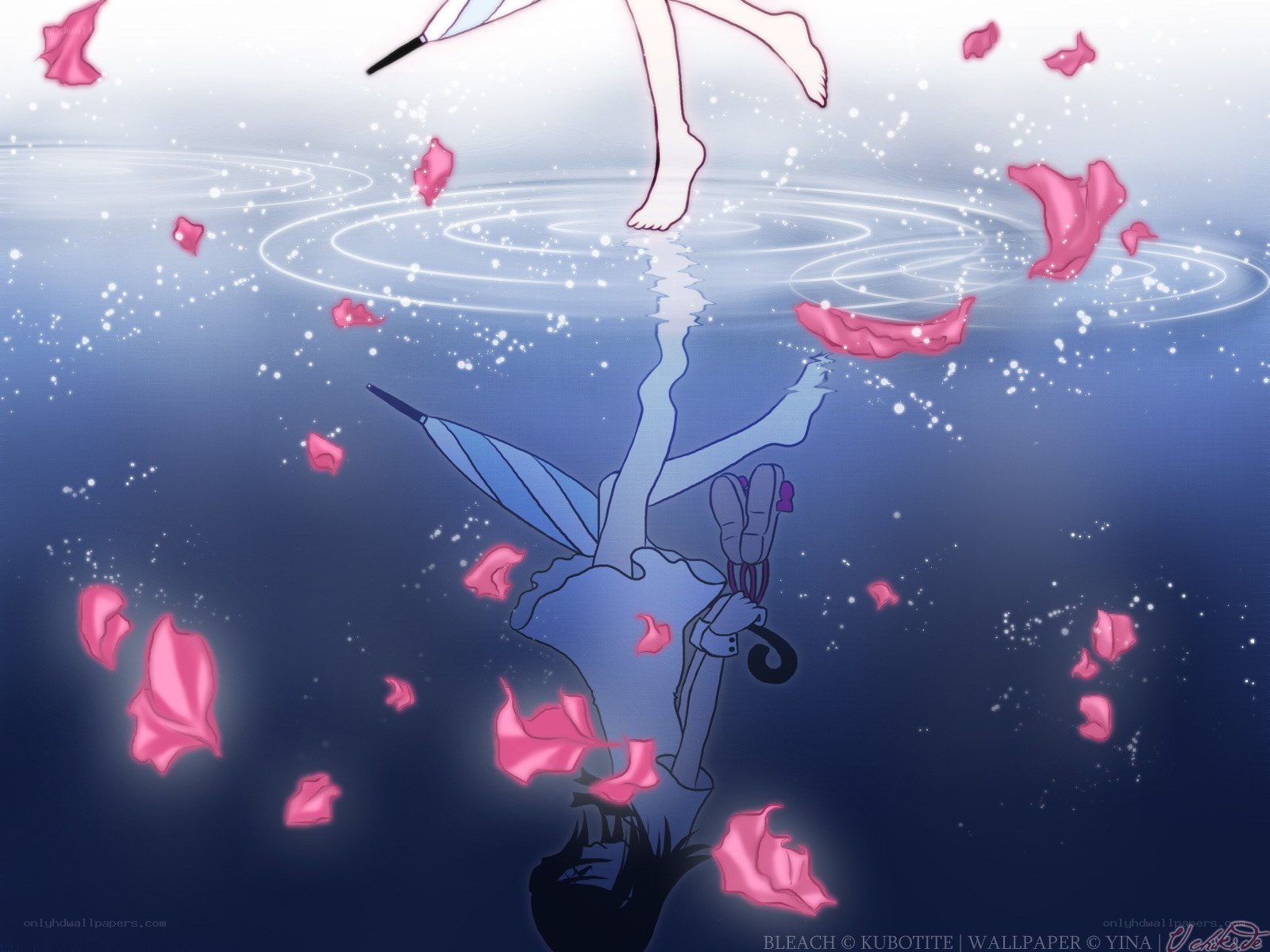 character in water with petals