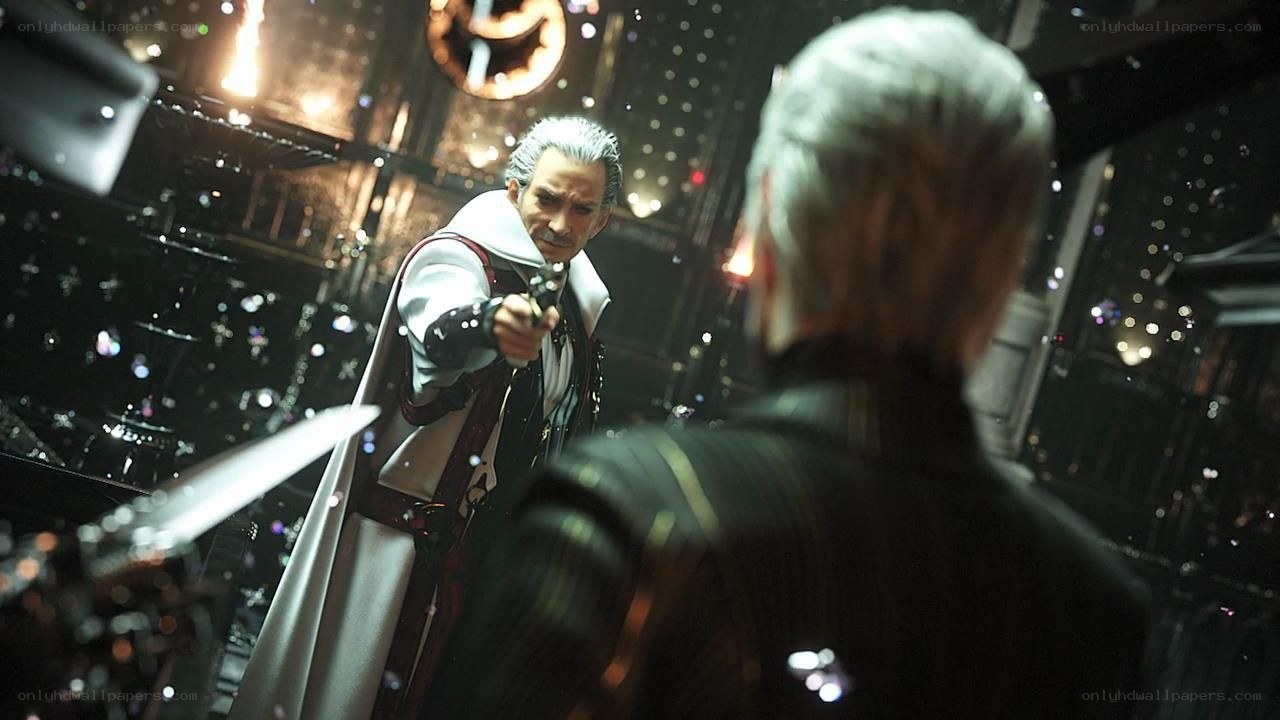 Character in white cloak pointing gun