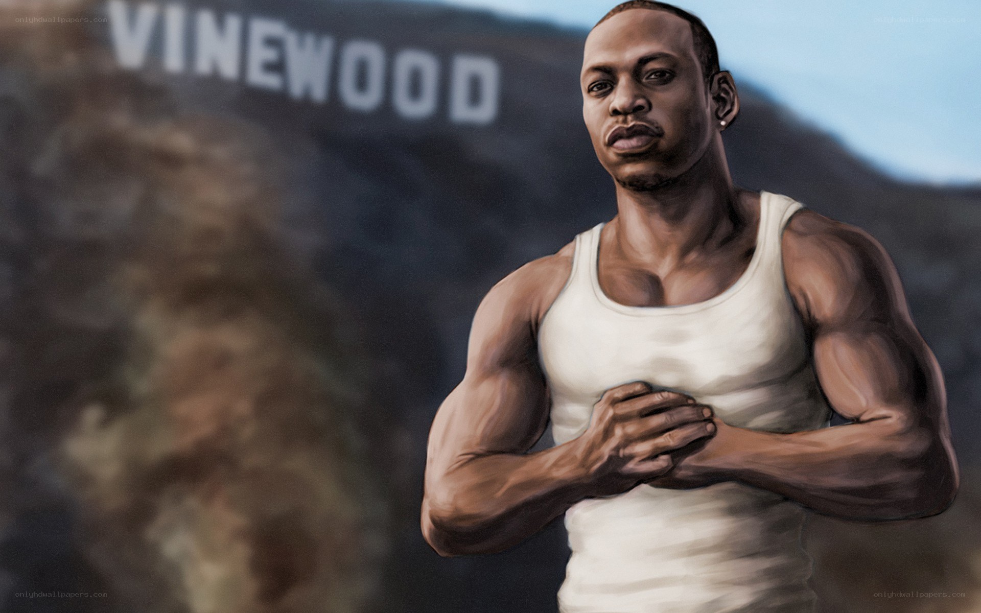 Character in white tank top