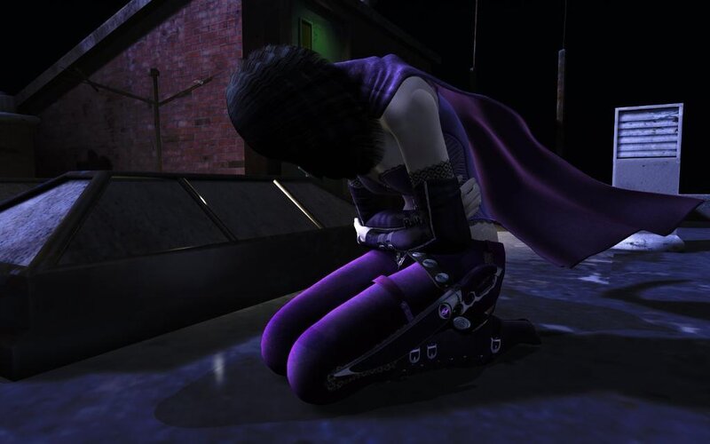character kneeling on rooftop