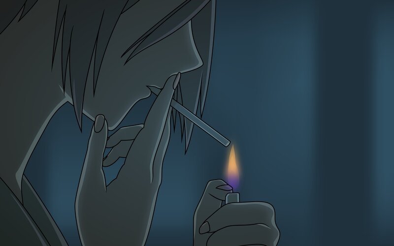 character lighting a cigarette