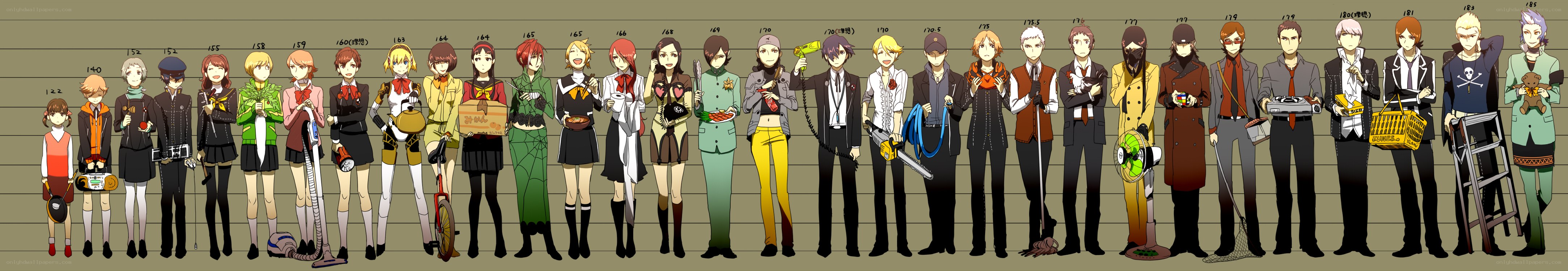 Character lineup with height chart