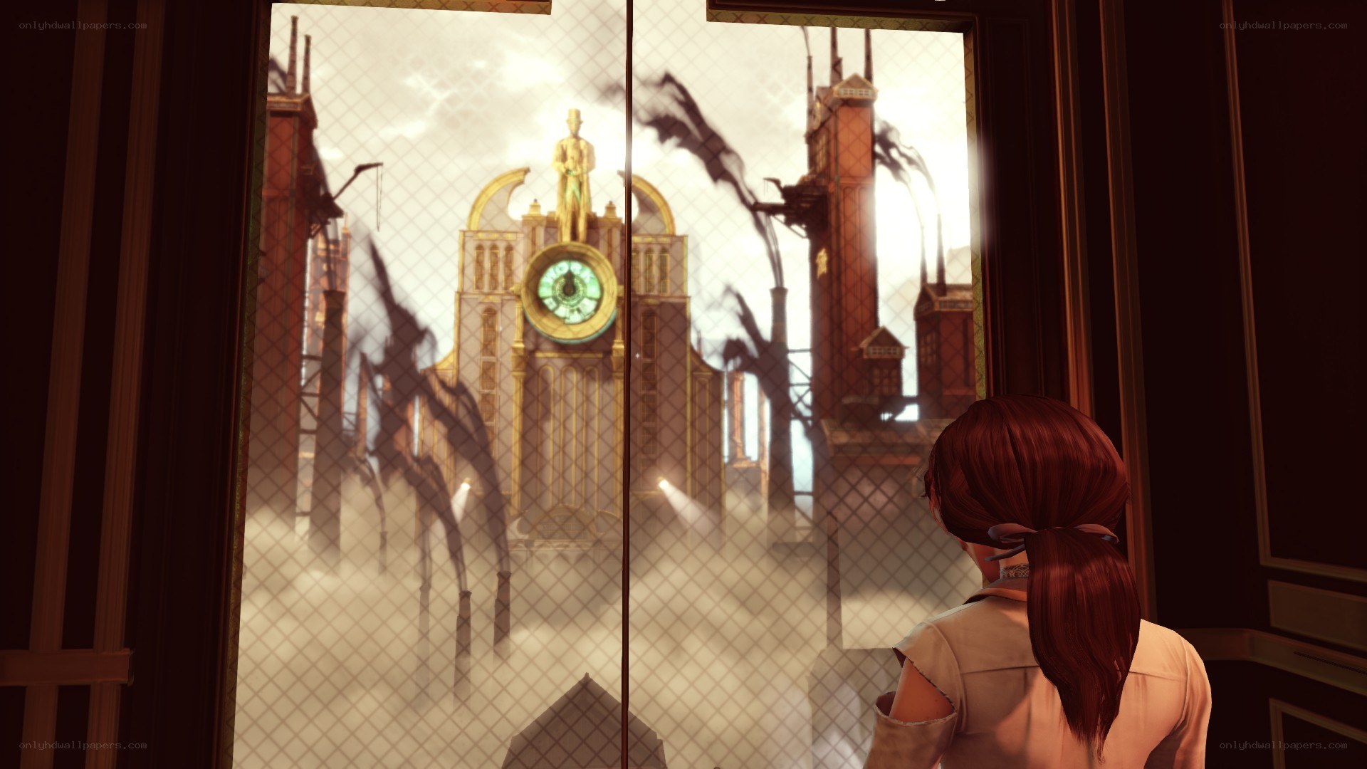 Character looking at a clock tower