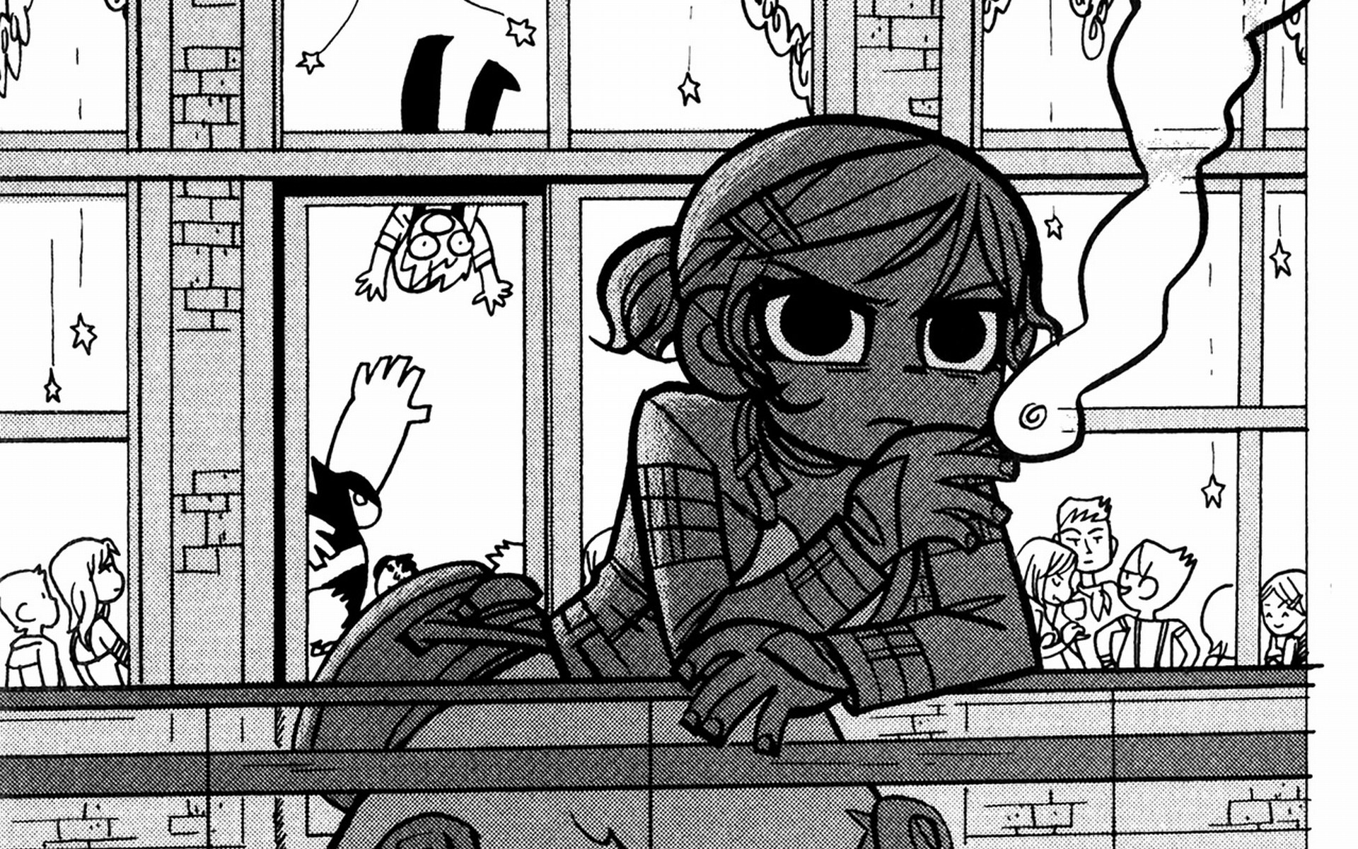 character looking out window