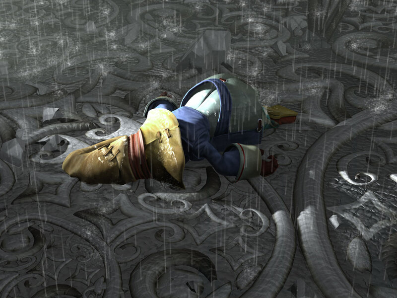 Character lying in rain