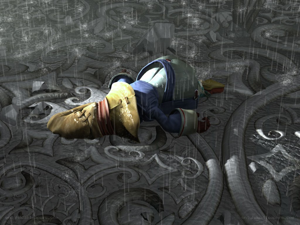 Character lying in rain