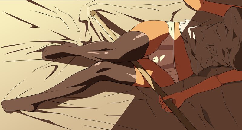 character lying on bed
