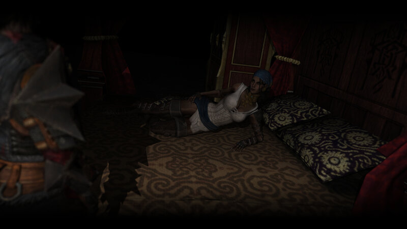 Character lying on bed in dark room