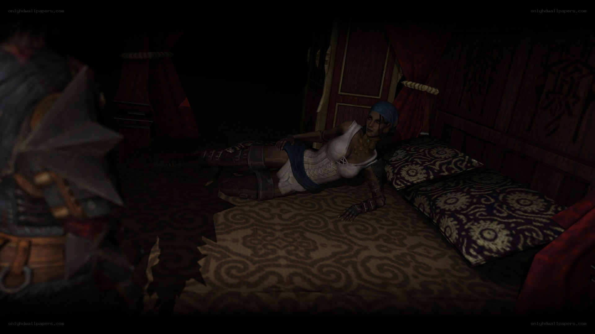 Character lying on bed in dark room