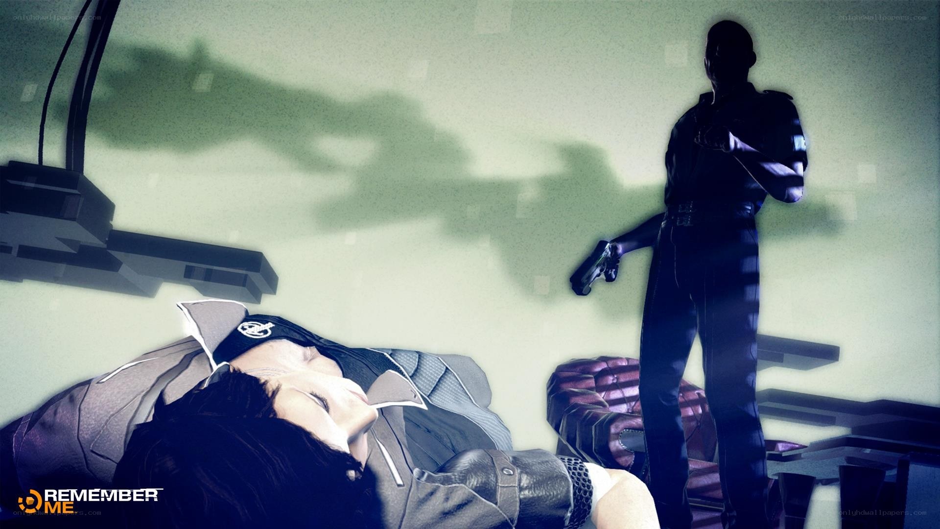 Character lying on floor with gun