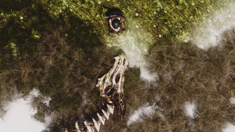 Character near dragon skull