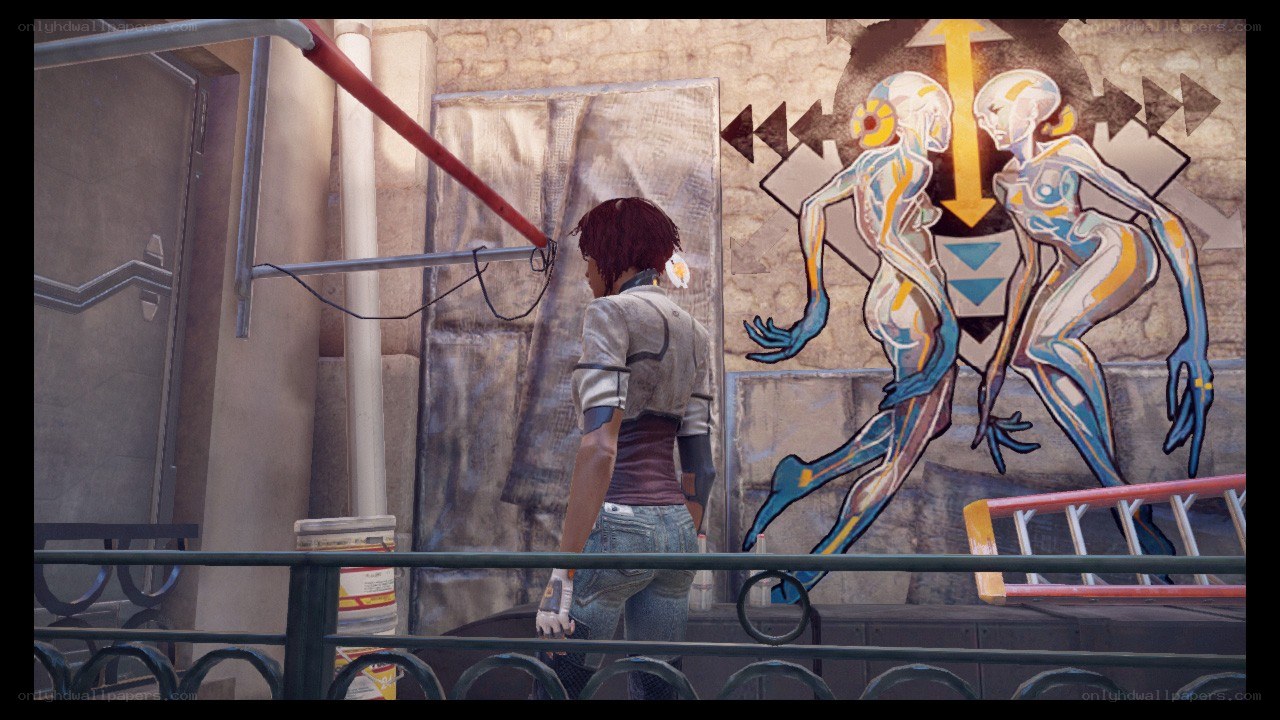 character near graffiti mural