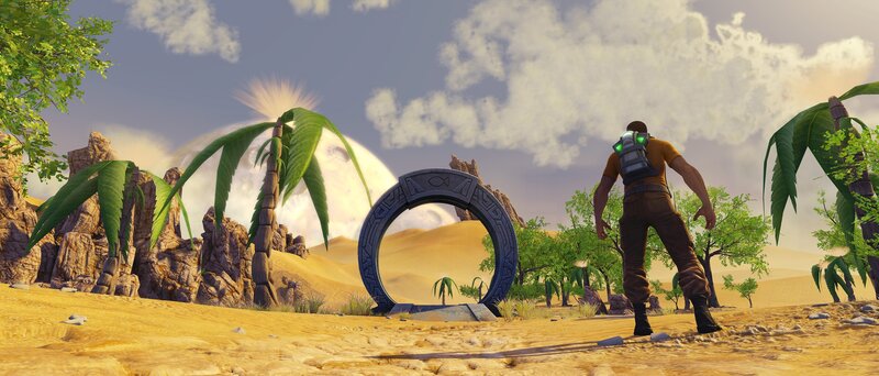 character near portal in desert