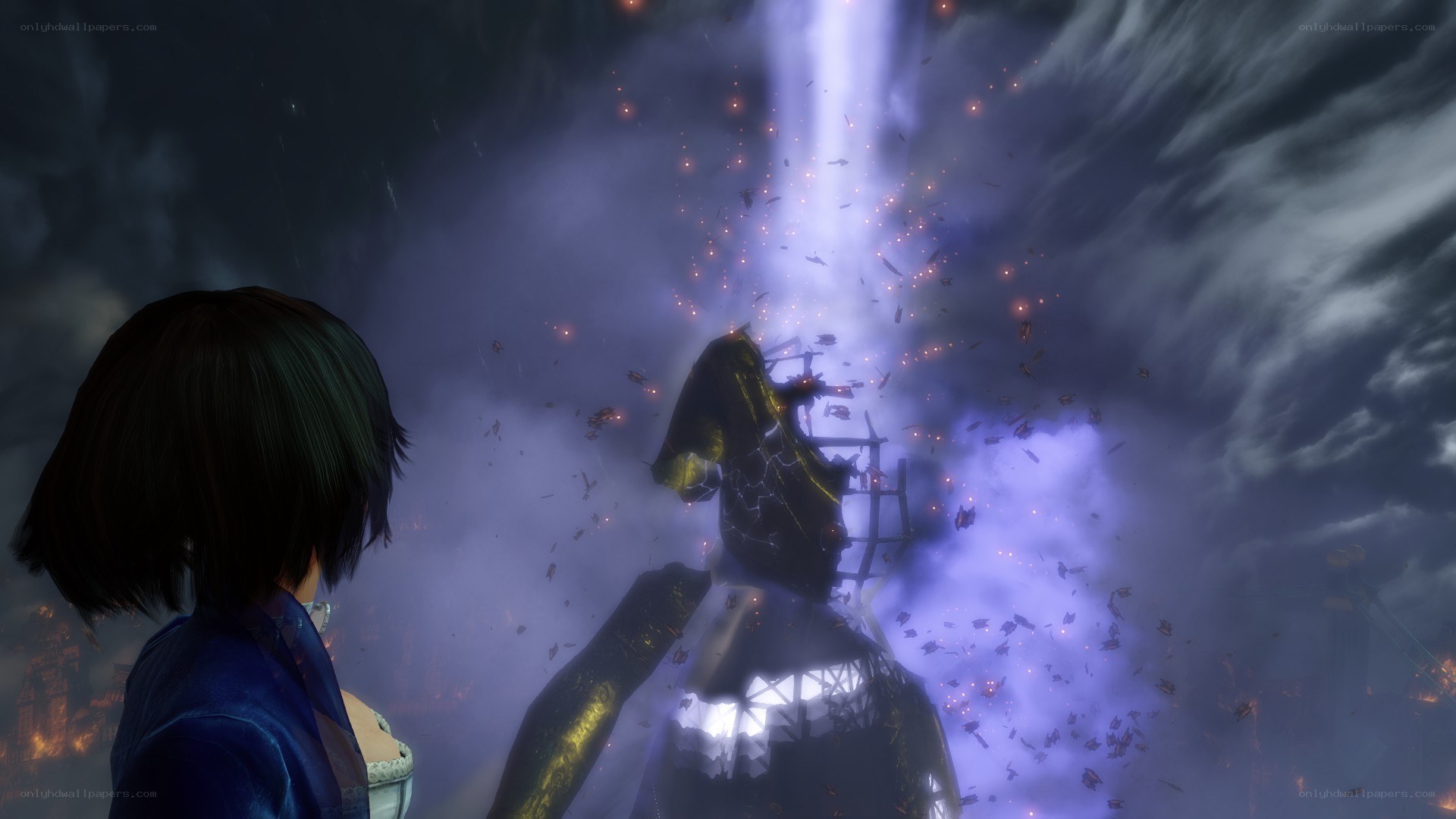 character observing a magical explosion
