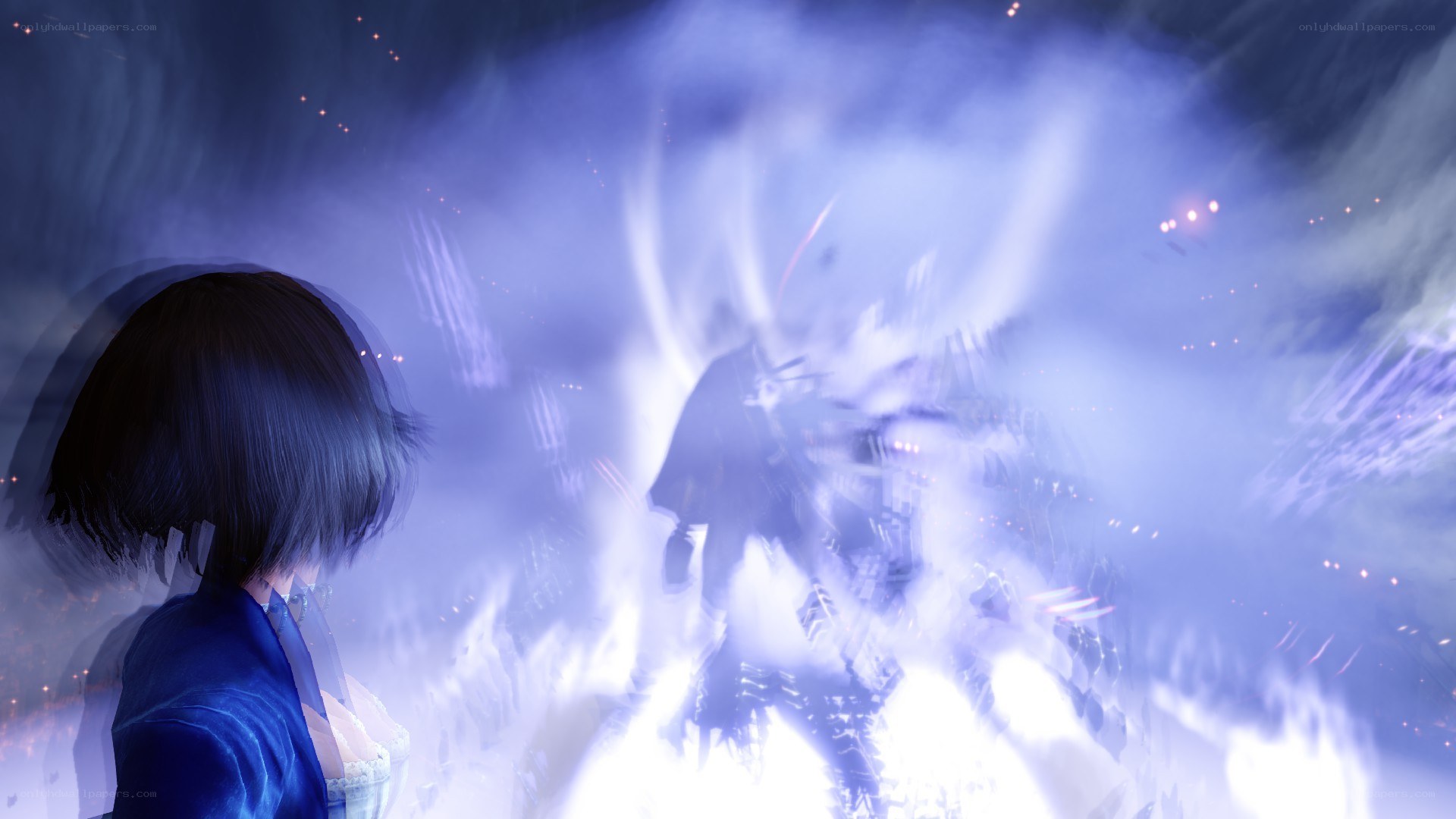 Character observing a powerful energy burst