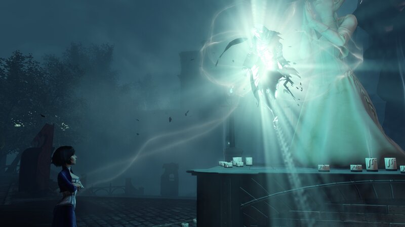 character observing glowing entity