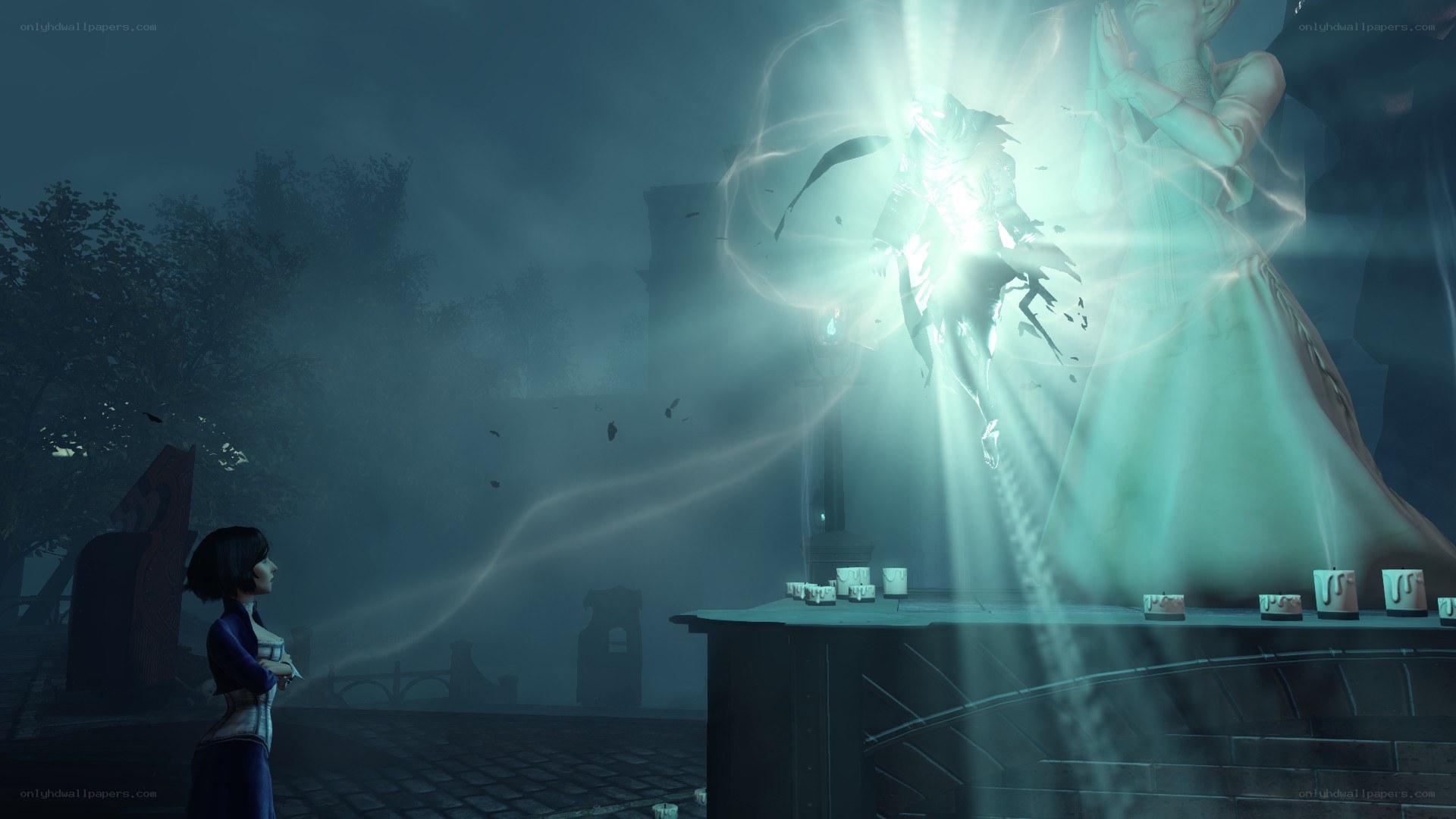 character observing glowing entity