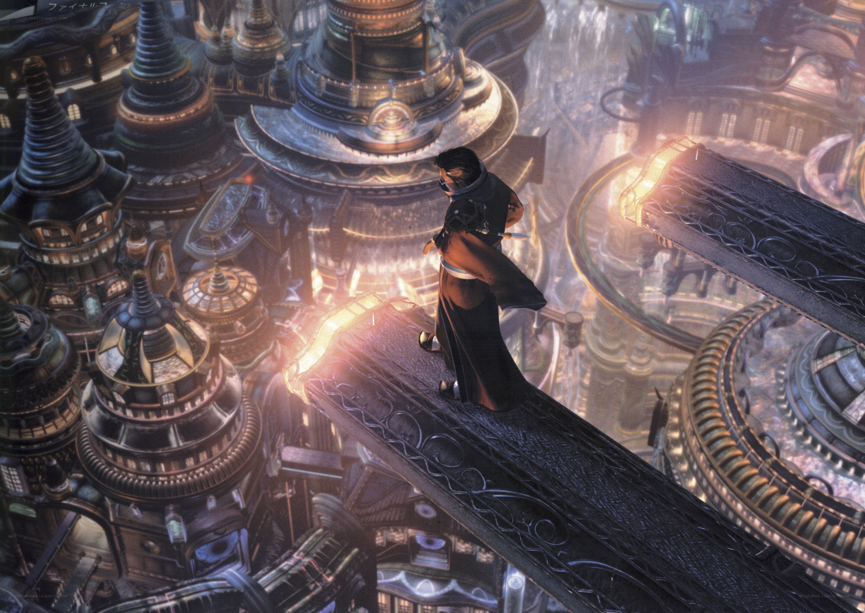 Character on a futuristic city bridge