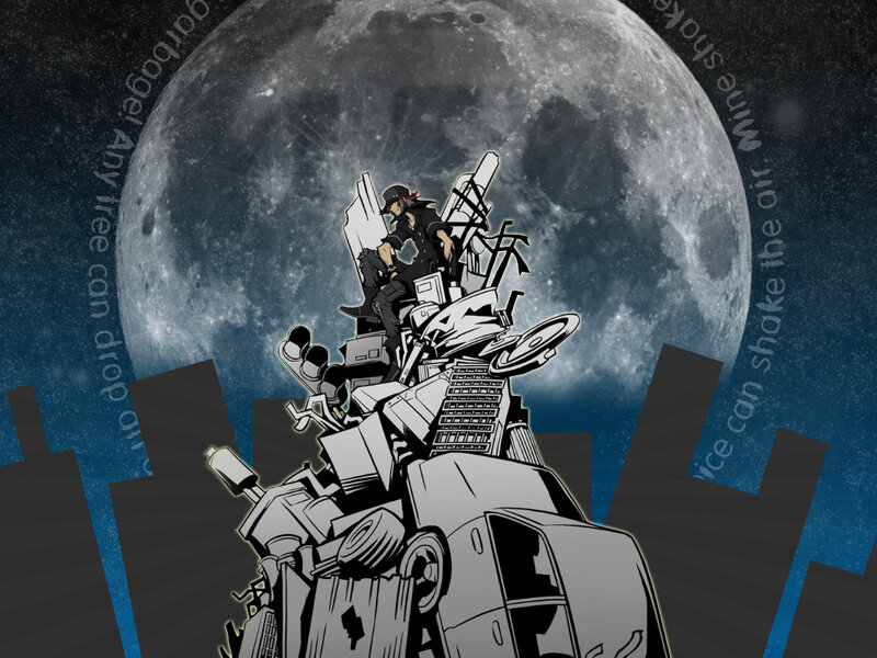 Character on a junk pile under moon