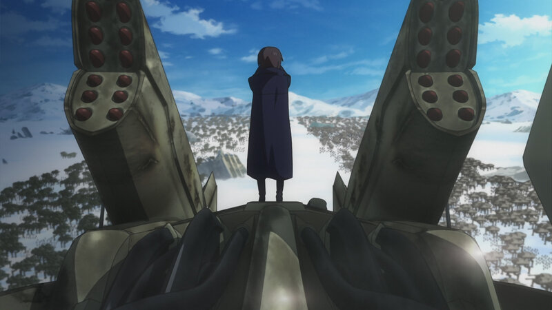 character on a mech overlooking battlefield