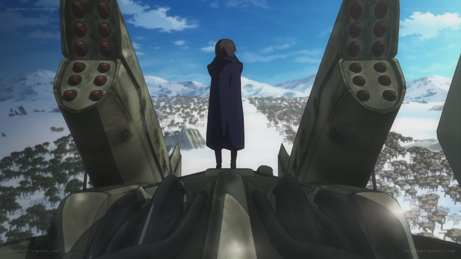 character on a mech overlooking battlefield