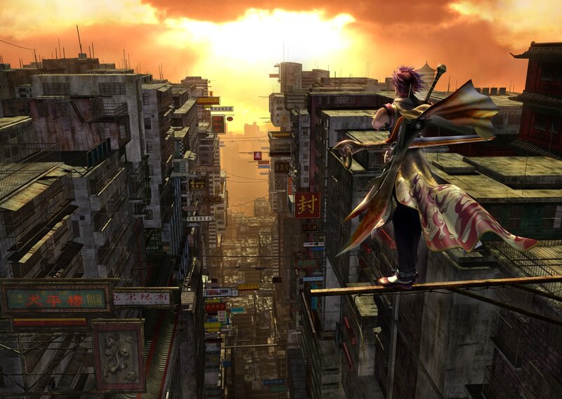 Character on a rooftop at sunset