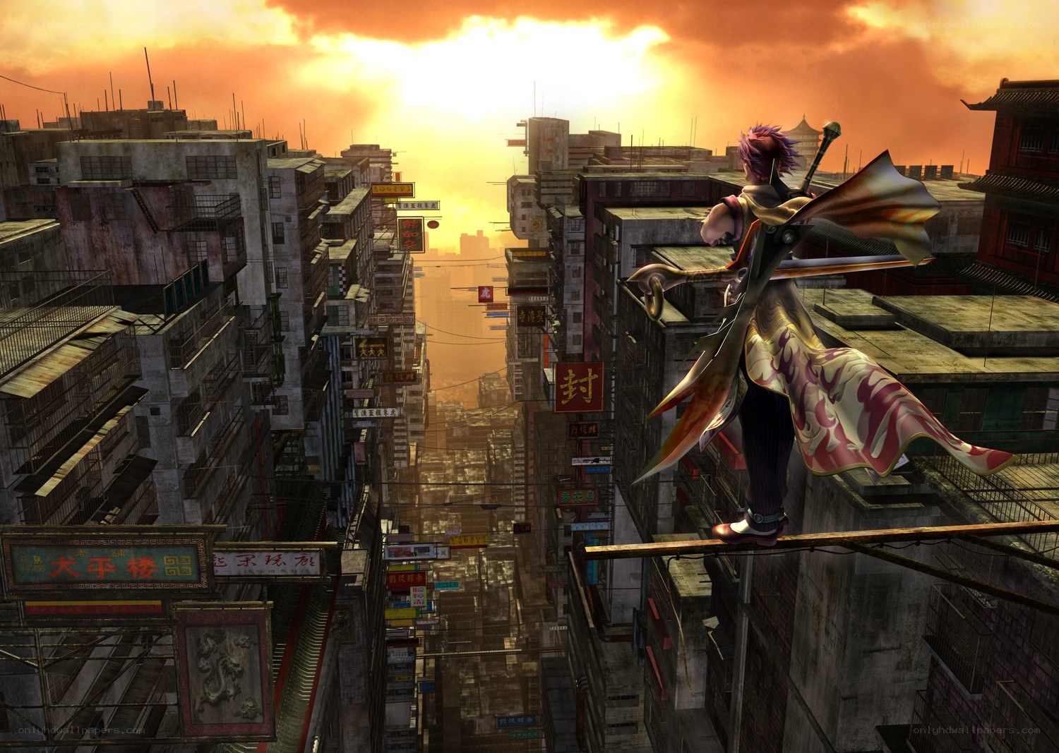 Character on a rooftop at sunset