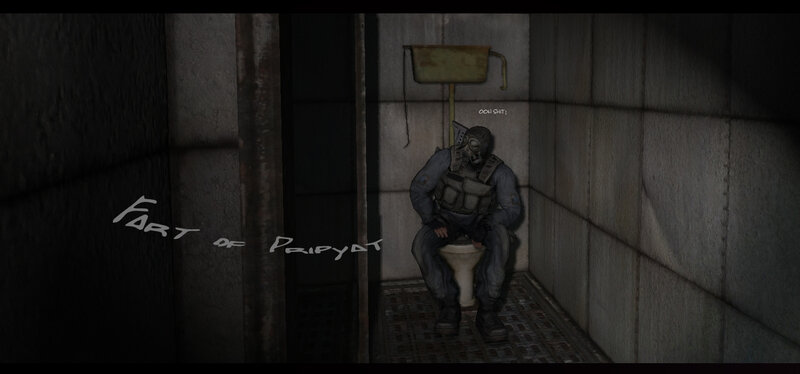 Character on a toilet in a game