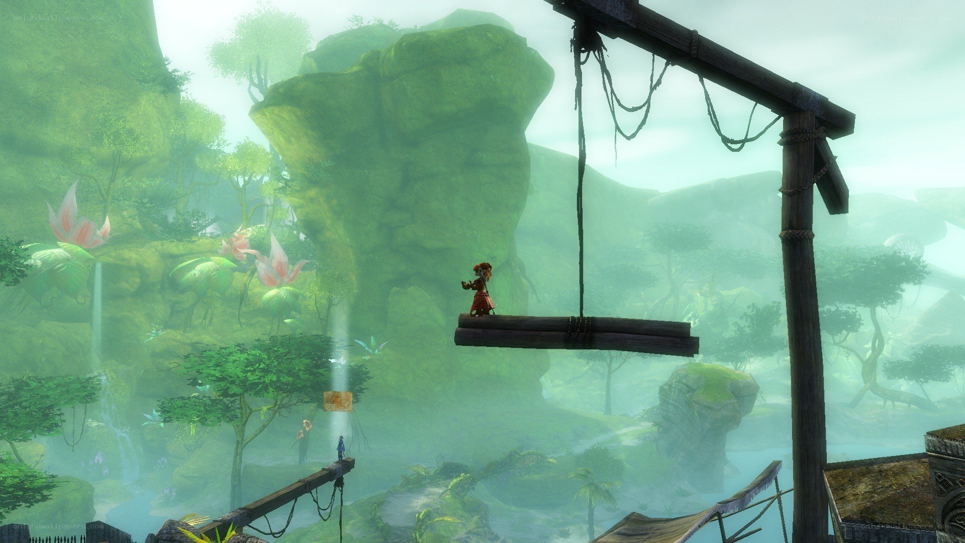 character on a wooden platform