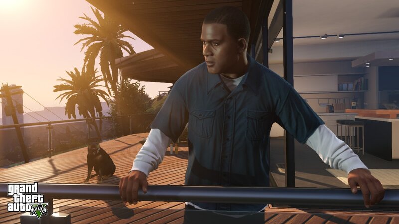 character on balcony at sunset